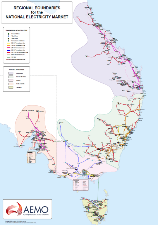 A map of the Australian National Electricity Market regional boundaries